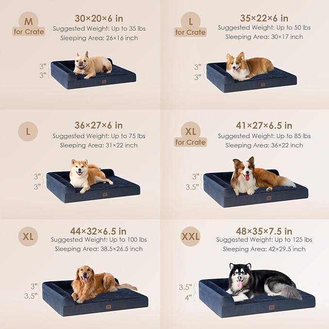EHEYCIGA Large Dog Bed Memory Foam for Crate, Orthopedic Dog Bed Large Size Dogs with Washable Removable Cover, Waterproof Pet Sofa Couch with Nonskid Bottom, 35x22x6, Navy Blue