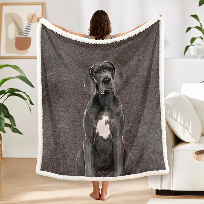 BlessLiving Grey Great Dane Throw Soft Blanket Sherpa Fleece Lined Blanket Pet and Dog Lovers Home Throw Blankets (Throw, 50 x 60 Inches)