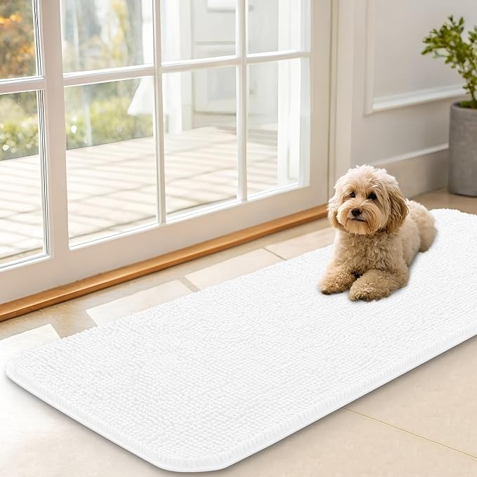 OLANLY Dog Door Mat for Muddy Paws 47x17, Super Absorbent Chenille Mud Mat | White, Absorbs Moisture and Dirt, Non-Slip Machine Washable Doormat, Quick-Drying Indoor Entryway Floor Carpet for Dogs