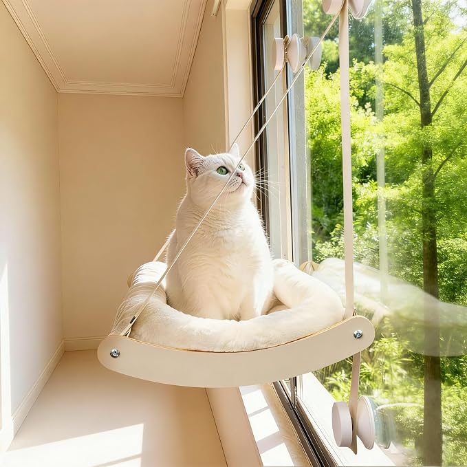 Cat Window Perch with 4 Strong Suction Cups | Cat Hammock for Window, Easy Assembly, Solid Wood Frame with Large Cats Bed, Supports Up to 40lbs for Indoor Cats