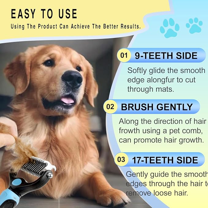 Pet Grooming Rake for Dogs & Cats - Double-Sided Deshedding and Dematting Tool, Gently Remove 95% of Loose Undercoat & Mats for Long-Haired Pets, Painless Fur Brush for Shedding Control (Blue, M)