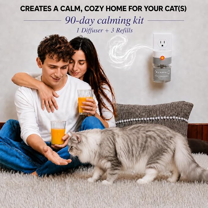Feline Pheromone Calming Diffuser | Plug in for Cat Stress, Anxiety, Fighting, Scratching, Over Grooming, Meowing | Ideal for Multi Cat Homes | 1 Diffuser + 3 Refills