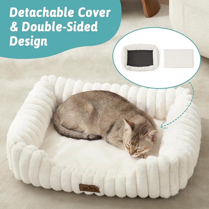 COZY KISS Orthopedic Pet Bed for Small Cats - Washable Rectangle Pet Bed with Anti-Slip Bottom, Soft Calming Cat & Puppy Bed for Indoor Pets (20"x18"x6", Cream)