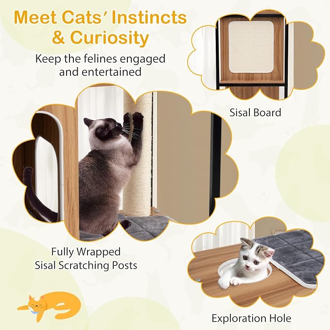 52-inch Wood Cat Tree for Indoor Cats, Multi-Level Solid Metal Framed Wooden Cat Tower with Sisal Scratching Posts and Pad, 3 Condos, and Top Platform with Cat Hole