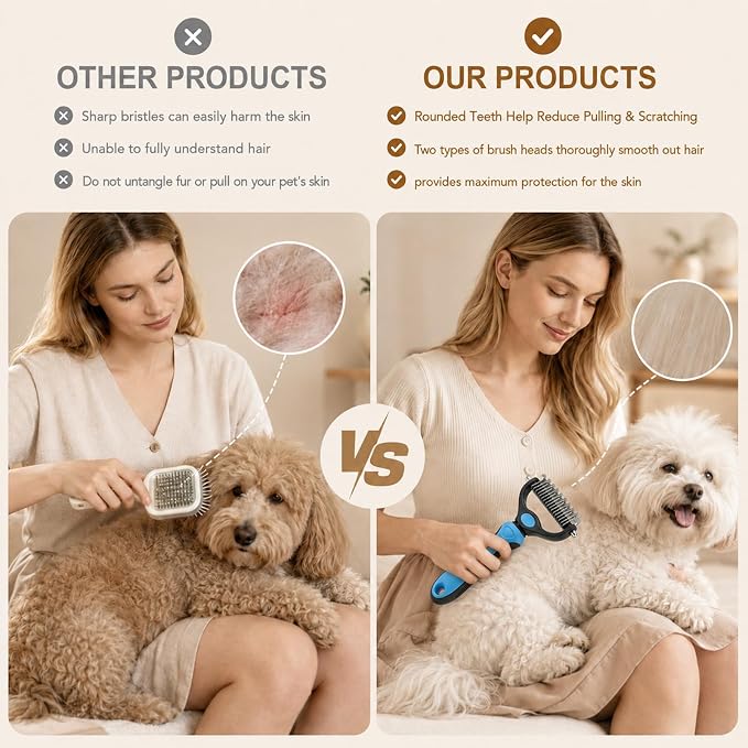 Dematting Comb for Dogs and Cats, Pet Grooming Rake, Double Sided Deshedding Brush for Dogs & Cats, Deshedding Dog Brush Removes Tangles Knots and Loose Fur for Long Haired Pets (Blue+pink)