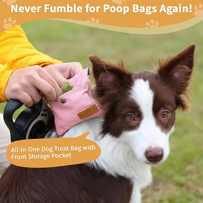 Dog Treat Pouch for Pet Training, Carabiner & Magnetic Buckle, Pink | Hand Free Dog Training Treat Bag, Auto Closing Dog Walking Bag for Puppy Travel or Outdoor Use, Pet Feed Snack Reward Pocket