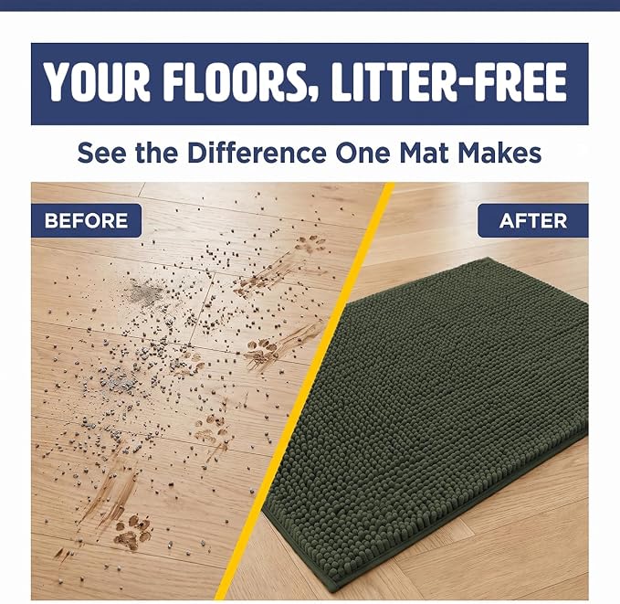Muddy Mat® | Cat Litter Mat 24"x36", Litter Trapping Mat, Super Absorbent Scatter Control, Soft on Paws, Slip Resistant Washable Kitty Litter Mat, Traps Litter, Protects Floors, Army Green