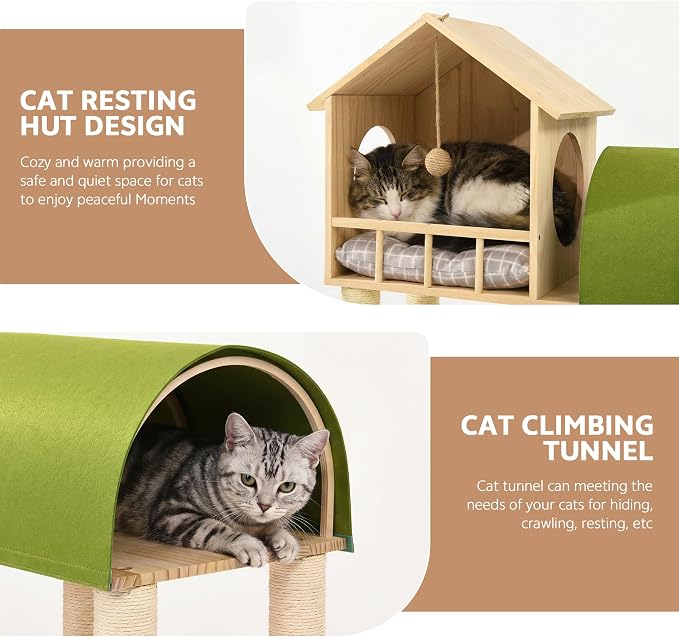 60'' Cat Tree for Automatic Litter Box, for Heavy Cats up to 22lbs | Solid Wood Large Cat Tower with Tunnel & House, Space-Saving for Indoor Multi-Pet Households, Stops Furniture Scratching
