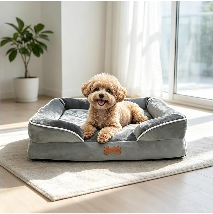 Memory Foam Large Dog Beds Removable Washable Cover Dog Couch with Non-Slip Bottom Large Cat Bed for Indoor Use 3-Sided Headrest Design for Neck and Head Support (Medium)