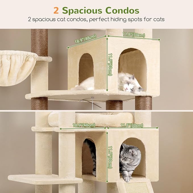 Globlazer Tall Cat Tree for Indoor Large Cats, 75 inch, F75C, Beige | Multi-Level Cat Tower, 2 Large Platforms, 2 Oversized Cat Condos, 5 Scratching Posts, Scratching Board, Removable Pet Bed
