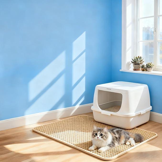 Cat Litter Mat Cat Litter Trapping Mat, 24 x 18 inch Honeycomb Double Layer Design, Urine and Water Proof Material, Scatter Control, Less Waste, Easier to Clean, Washable yellow