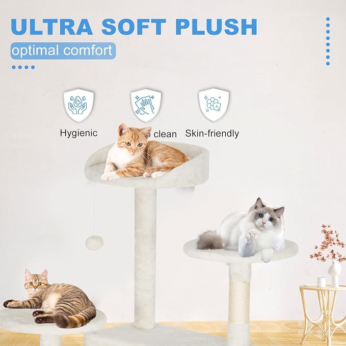 FDW | 62" Cat Tree Tower | Beige | Multi-Level Indoor Activity Center with Sisal Scratching Posts, Condos, Plush Perches, Hanging Cat Toys | Sturdy, Easy to Assemble | for Kittens & Adult Cats