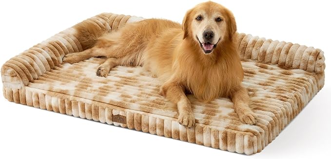 COZY KISS Faux Rabbit Fur Extra Large Dog Bed – 48"x35" Orthopedic Foam Couch with Sides, Removable Washable Cover & Waterproof Lining, Grey