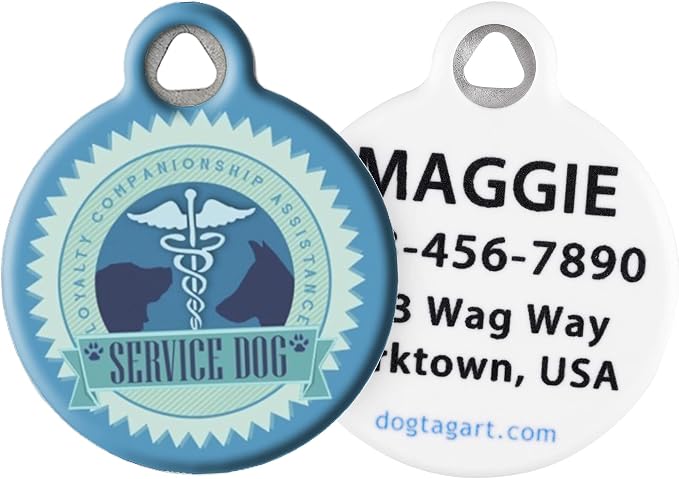 Service Dog Personalized Pet ID Tag for Dogs, Silent Polymer Coated Nametag with Customized Identification Information - Small .875" Diameter