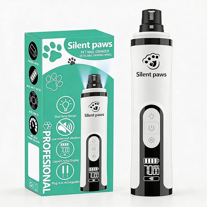 silent paws Quiet Pet Nail Grinder with LCD& Light | Quiet Dog Nail Grinder Suits Sensitive Pets. 3 Speeds Nail Trimmers for Small to Large Dogs ,Cats and Other Animals.