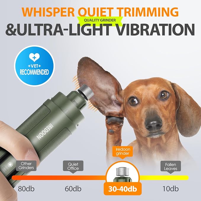 IREDOON Dog Nail Grinder Upgraded - Professional 3-Speed Super Quiet and Low Vibration Electric Pet Nail Grinder with 4 LED Lights - Painless Paws Grooming & Smoothing for Small to Large Dogs (Green)