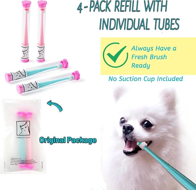 E.M&S.T by Emmeliestella Small Dog & Cat Toothbrush 360 Degree Soft Silicone, Cat Dental Care, Toothbrush Holder, Easy to Handle, Independent Packaging, Suction Cup, Light Blue&Pink (4-Pack Refills)