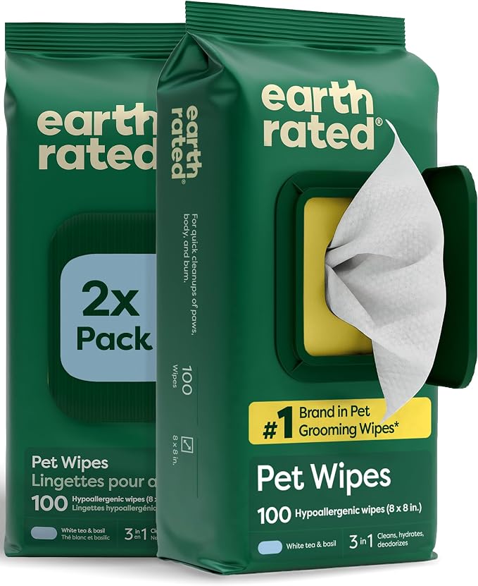 Earth Rated Dog Wipes for Paws & Butt, Deodorizing, White Tea & Basil, 200ct