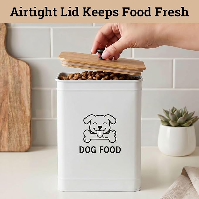 Metal Dog Food Container 5-7lb, 25 Cup w/ Airtight Bamboo Lid, Metal Handle | Pet Jar For Dogs up to 50lbs, Airtight Bamboo Lid, Sturdy Comfortable Metal Handle, Powder Coated Iron, Kibble Storage Bin