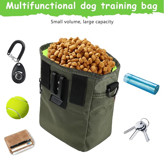 Dog Treat Pouch, Magnetic Closure, Dog Clicker- Green | Dog Training Treat Pouch, Large Size, Nylon Material, Magnetic Closure & Clicker, for Walking, Obedience & Outdoor Use
