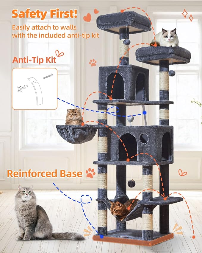 Taoqimiao Large Cat Tree, 73 in Tall Cat Tower with 2 Plush Big Cat Condos | 9 Scratching Posts, 2 Top Perches, Cozy Hammock & Basket, Indoor Cats, 2 Pompoms & Mouse Toy, Smoky Gray, MS013XLG