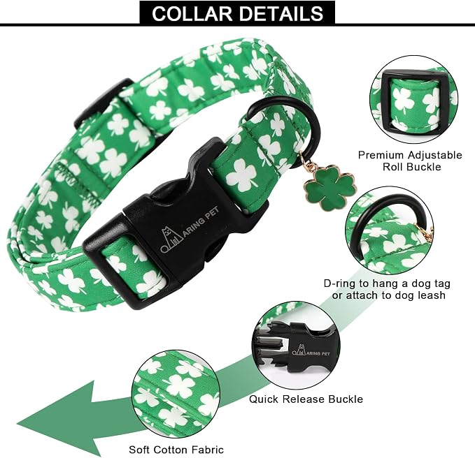 ARING PET St Patrick's Day Dog Collar-Cute Green Clovers Dog Collars, Adjustable Shamrock Pet Collars Trefoil Puppy Collar with Quick Release Buckle for Girl&Boy Dogs