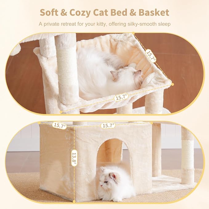 Heybly Heavy Duty Cat Tree with Large Base for Large Indoor Cats HCT026M | Cat Tower with Scratching Posts, Tall Cat Condo House , Multi-Level Plush Furniture with Hammock & Toy Balls, Beige