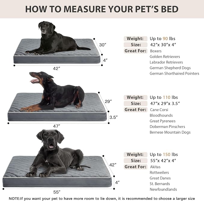 WNPETHOME Orthopedic Waterproof Extra Large Senior Dogs Bed for Comfy Sleep | XL Washable Ped Bed with Removable Cover, Multi-Needle Quilting XL Crate Bed for Large Sized Dog Relax,Grey 42x30 Inch