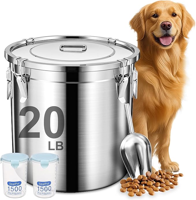 Newget 20lb Airtight Stainless Steel Dog Food Storage Container with Scoop | Large Metal Pet Food Containers Set with Sealed Lid, Metal Lock for Easy Open and Close, Keeps Fresh for Cat / Dog Food