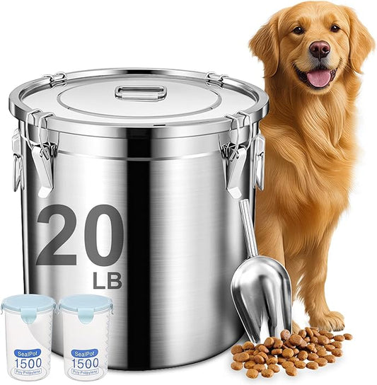 Newget 20lb Airtight Stainless Steel Dog Food Storage Container with Scoop | Large Metal Pet Food Containers Set with Sealed Lid, Metal Lock for Easy Open and Close, Keeps Fresh for Cat / Dog Food