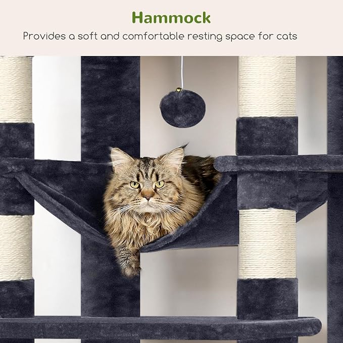 Globlazer Giant Tall Heavy Duty Cat Tower for Indoor Large Cats, F83B | XXL Multi-Level Large Cat Condo with 8 Scratching Posts, Hammock, 2 Cat Caves, 2 Platform, Dark Grey