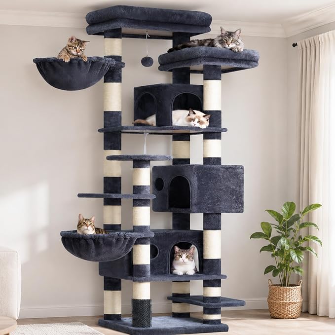 Hey-brother Cat Tree, Multi-Level Tower with 3 Condos, Hairbrush, MPJ035-MG | 74 Inches XL Large Scratching Posts for Indoor Cats and Kittens, 2 Wide Platforms, 2 Plush Baskets, Toy Balls, Smoky Gray