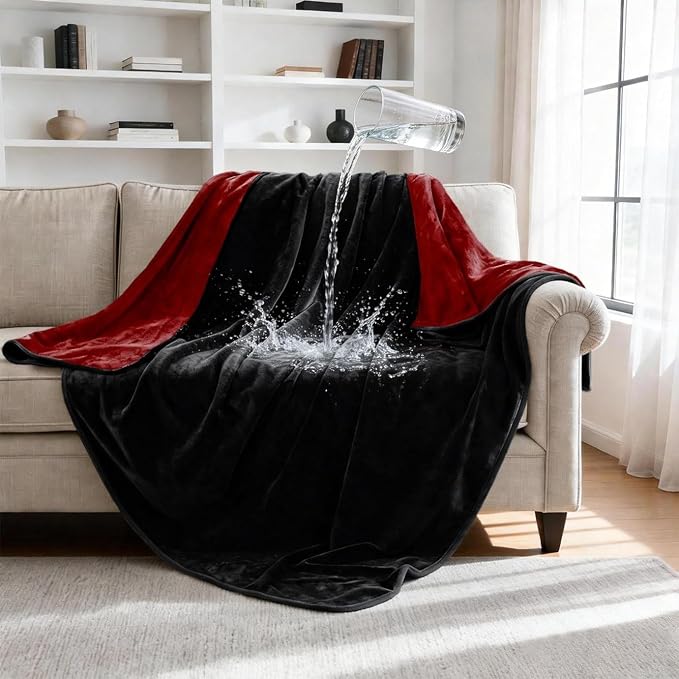 gogobunny Waterproof Blanket for Dogs and Cats, Reversible Flannel Double-Sided Furniture Protector for Couch Sofa Bed Against Spills & Pet Fur (50" x 60", Black/Red)