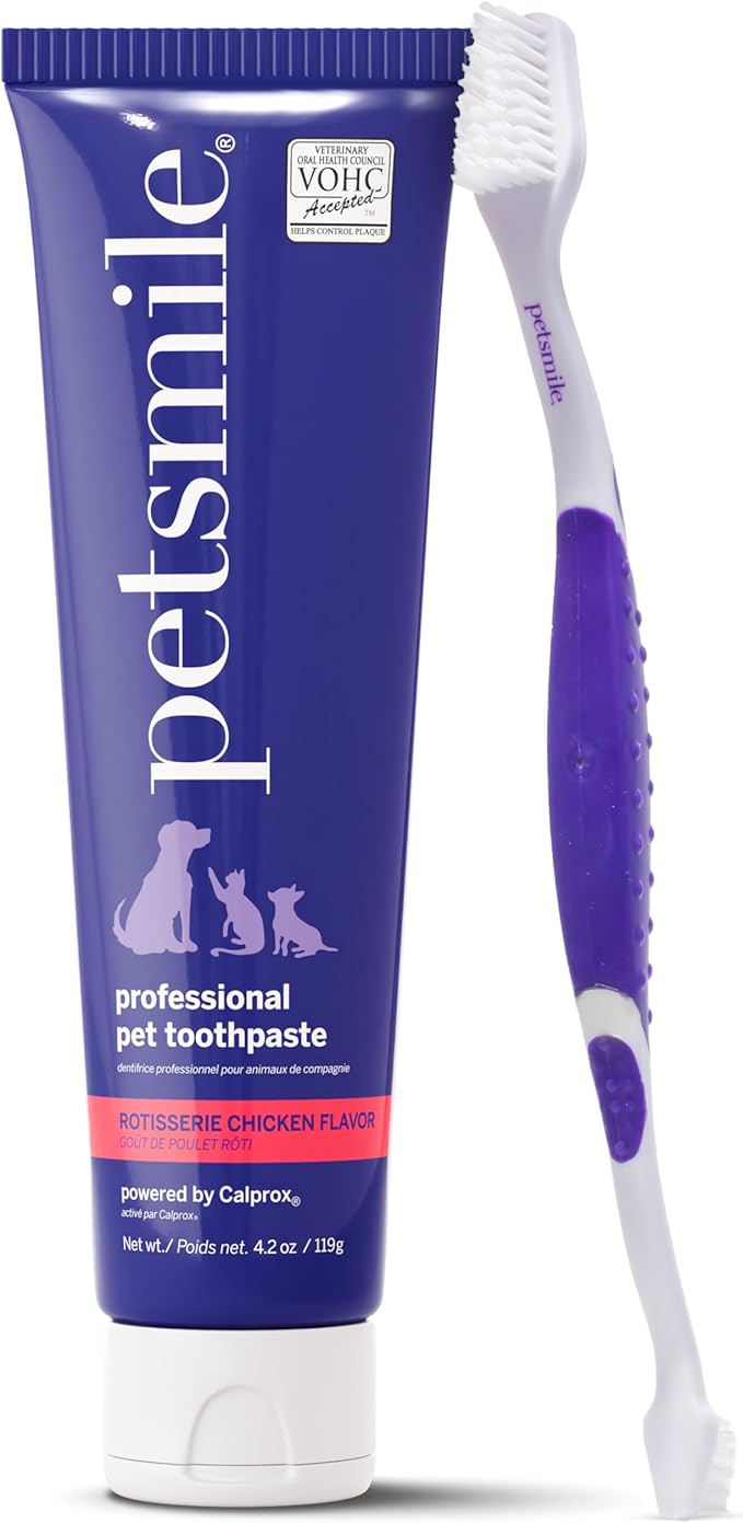 petsmile Professional Pet Teeth Brushing Kit for Cats & Dogs - VOHC Accepted Toothpaste & Patented Toothbrush - Proven to Control Plaque & Tartar Calprox Formula (Rotisserie Chicken, 4.2 Oz)