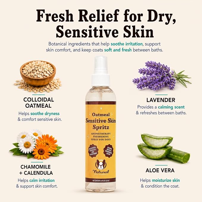 Natural Dog Company Sensitive Skin Dog Deodorizing Spray: Ideal with Sensitive Skin Dog Shampoo, Long Lasting Dog Perfume, Dog Spray Deodorizer, Neutral Scented Dog Spray with hints of Lavender, 8 oz