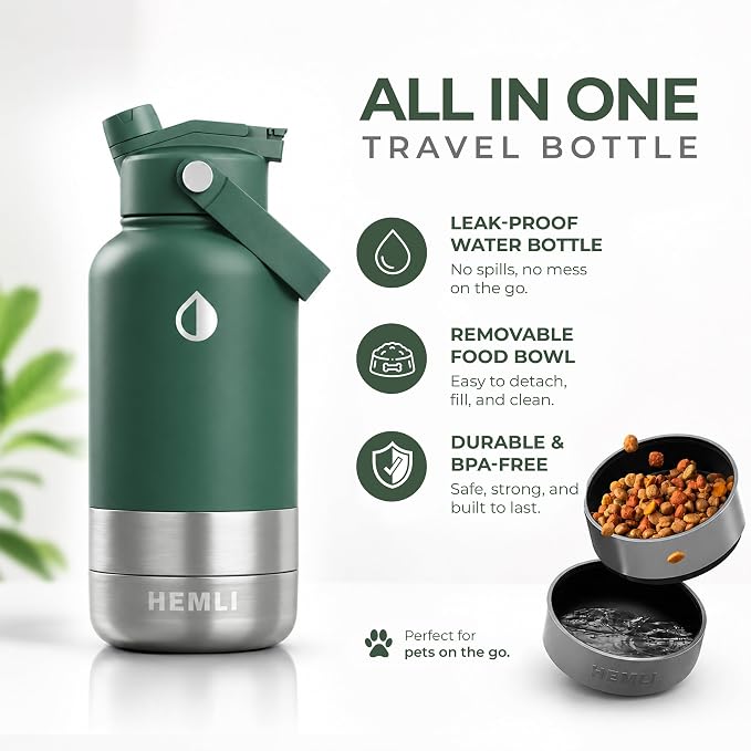 32 oz. Dog Water Bottle, Insulated Dog Travel Water Bottle, Stainless Steel Pet Water Bottle Dispenser Portable Food and Water Bowl for Dogs for Walking Dog Canteen Travel Kit