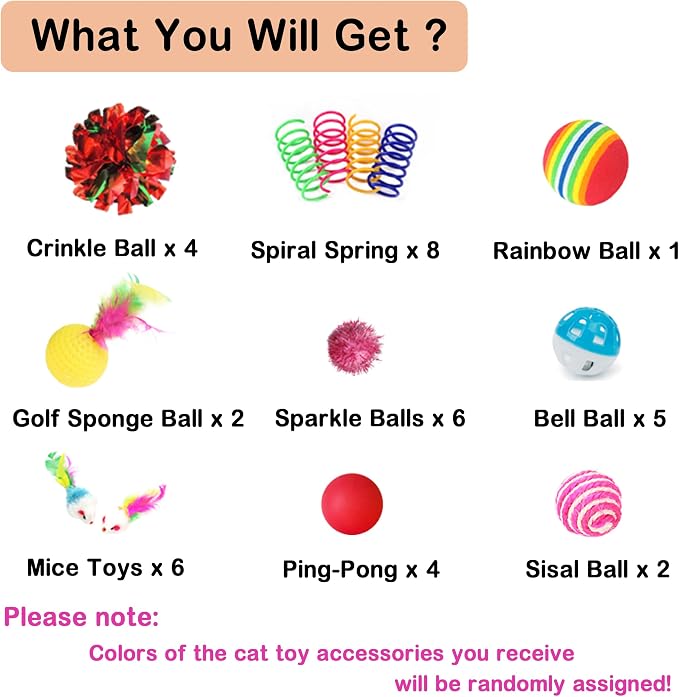 Cat Toys Assortment - Interactive Kitten Toy Bundle with Sparkle Pom Pom Balls, Crinkle Balls & Spring Toys for Indoor Cats(38-Pack)
