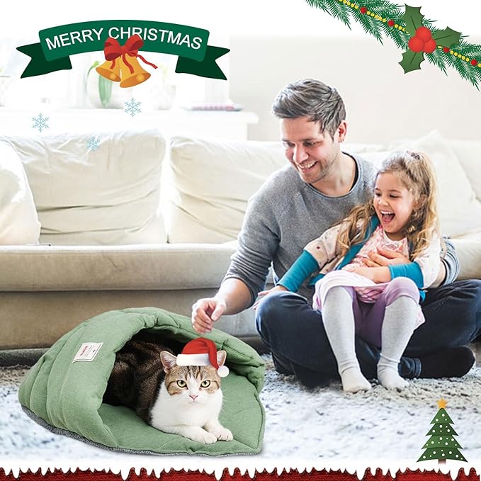 Cat Sleeping Bag Cave Bed with Non-Slip Bottom (Leaf Green) | Comfortable Linen Fabric, Non-stick Hair, Felt Handle, Washable, Suitable Size for Most Cats and Puppy, Durable Pet Nest