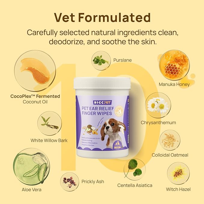 HICC PET Ear Cleaner Finger Wipes for Dogs & Cats, Clean Wax, Dirt & Odor, Soothing Itchy Ears, Gentle and Hypoallergenic Ear Cleaning Wipes for Daily Care((Honey Scent)