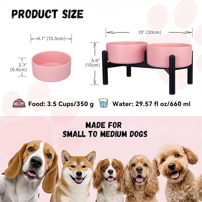 Raised Ceramic Dog Bowl Set - Elevated Double Dishes with Stainless Steel Stand - Food and Water Bowls for Small to Medium Dogs - Each Holds 3.5 Cups (29.57 fl oz) - Pink