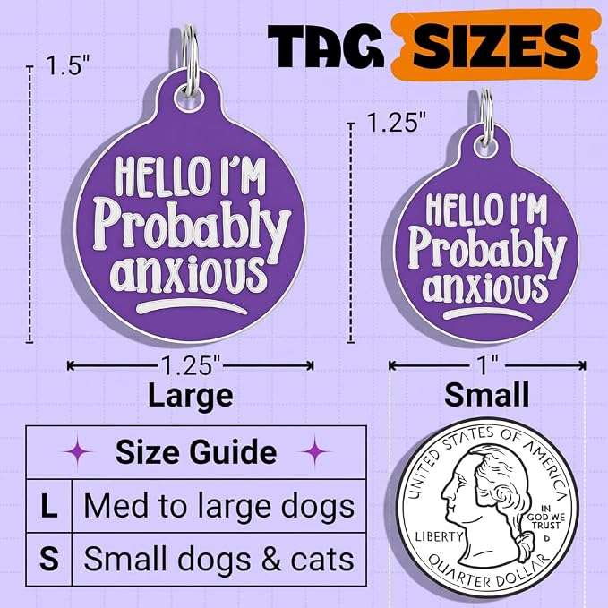Bad Tags Personalized Dog and Cat ID Tags in 25+ Designs and 2 Sizes - 5 Lines of Custom Engraved Text - Funny Cute Personalized Pet Tags (Hello I'm Probably Anxious - Purple, Large (1.25 inch))