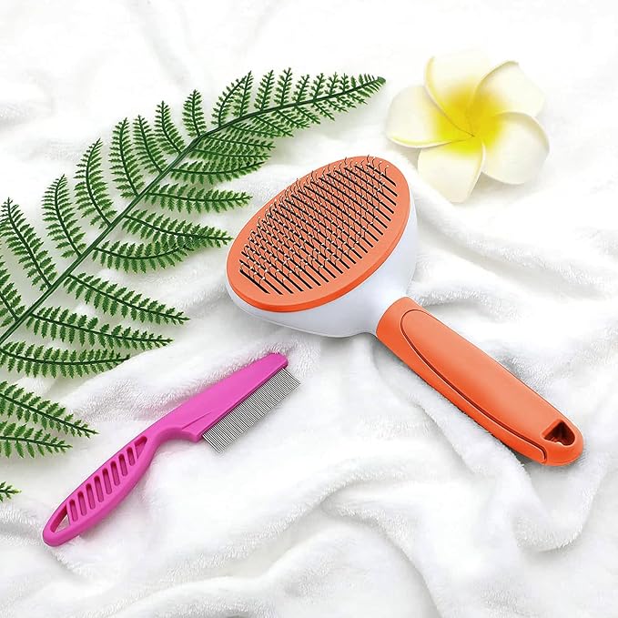 Cat Brushes for Indoor Cats, Dog Brush for Shedding with Metal Cat Comb, Self Cleaning Pet Hair Brush with Release Button for Grooming Kitten(Orange)