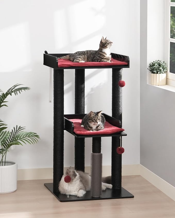 43.7" Modern Cat Tree, Cat Tower for Large Cats, Wood Cat Tree | Maine Coon Cat Tree, Cat Tower with Scratching Post, Large Perch and Removable Pads, Black&Red