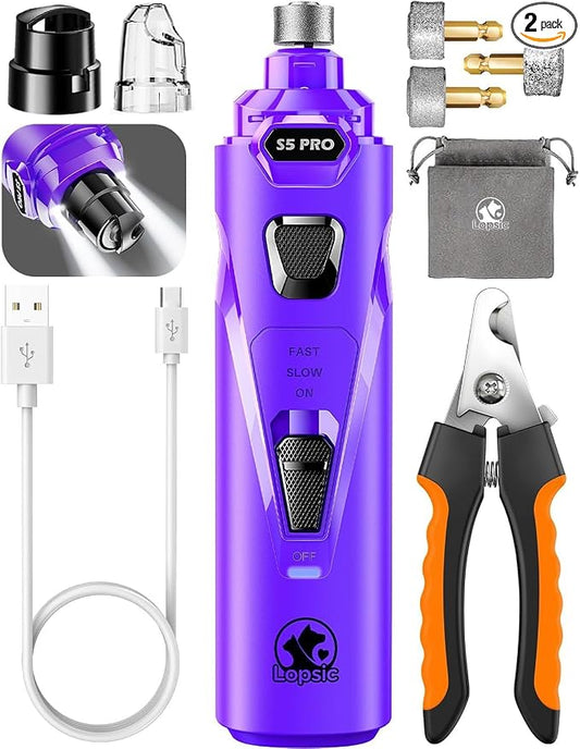 Whisper Quiet Dog Nail Grinder Safe & Stress-Free for Sensitive Dogs Cats | 4 LED Lights,3 Grinding Bits, 3-Speed, Pet Nail Trimmers, Rechargeable Painless Grooming Kit for All Breeds & Sizes