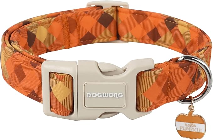 DOGWONG Fall Orange Plaid Dog Collar- Cute Designer Fall Autumn Thanksgiving Checkered Dog Collars Adjustable Halloween Dog Collar for Small Medium Large Dogs M