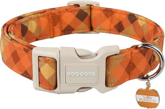 DOGWONG Fall Orange Plaid Dog Collar- Cute Designer Fall Autumn Thanksgiving Checkered Dog Collars Adjustable Halloween Dog Collar for Small Medium Large Dogs M