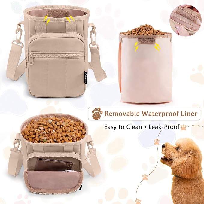 Stylish Dog Training Treat Pouch with Waist & Shoulder Strap, Dog Treat Bag for Walking and Training, Removable Waterproof Liner, Drawstring Treat Holder with Front Pocket & Clicker