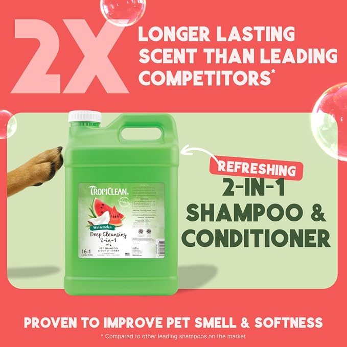 TropiClean 2-in-1 Dog Shampoo and Conditioner, Watermelon Scent, 2.5 Gallon | Professional Moisturizing Detangler | Watermelon Scent | Puppy Safe | Made in USA