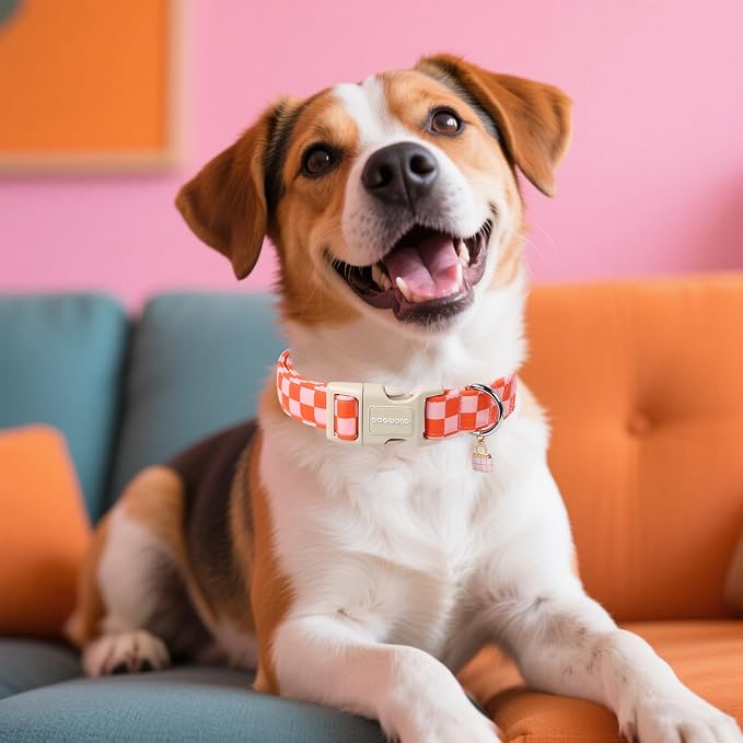 DOGWONG Pink Plaid Dog Collar, Pink Girl Dog Collars, Adjustable Cute Pet Collars Girl Design Dog Collar for Small Medium Large Dogs,S