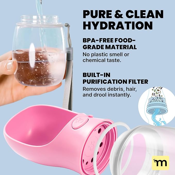 MalsiPree Leak-Proof Portable Dog Water Bottle for Travel - 19 oz, with Pink Bowl - Food Grade Plastic - Dog Bowls - Puppy Essentials - Pet Water Bottle for Trail Hiking, Park Visit & Beach Days